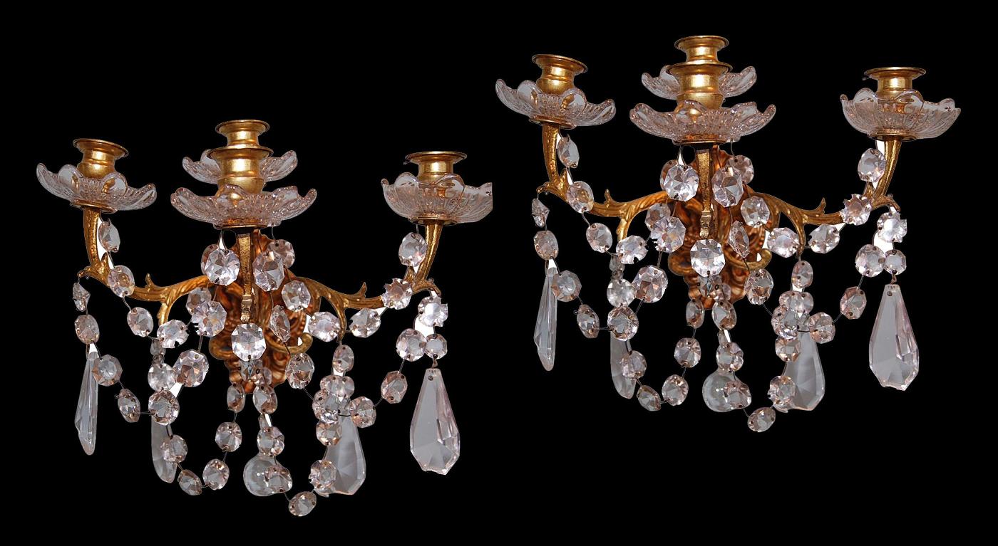 Petite Pair Bronze & Crystal Sconces