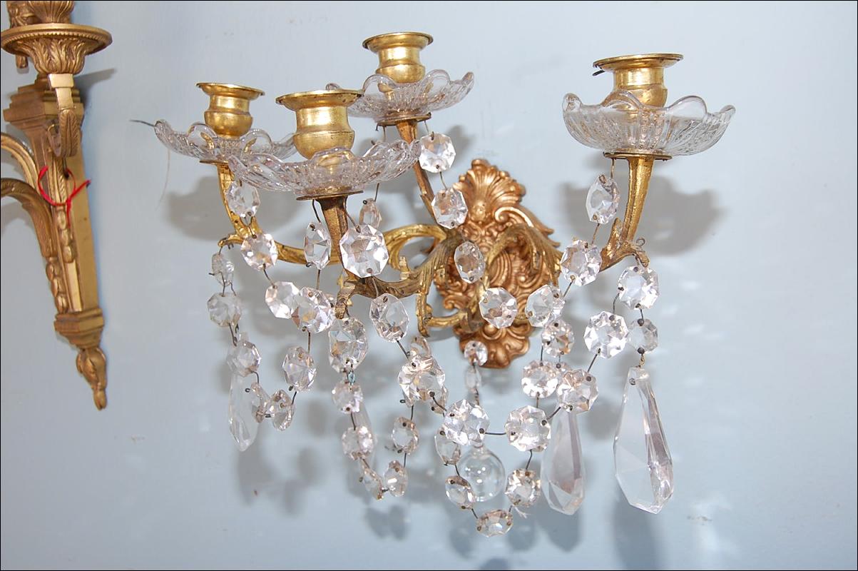 Petite Pair Bronze & Crystal Sconces