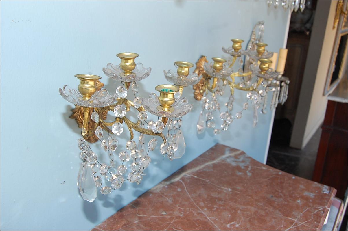 Petite Pair Bronze & Crystal Sconces