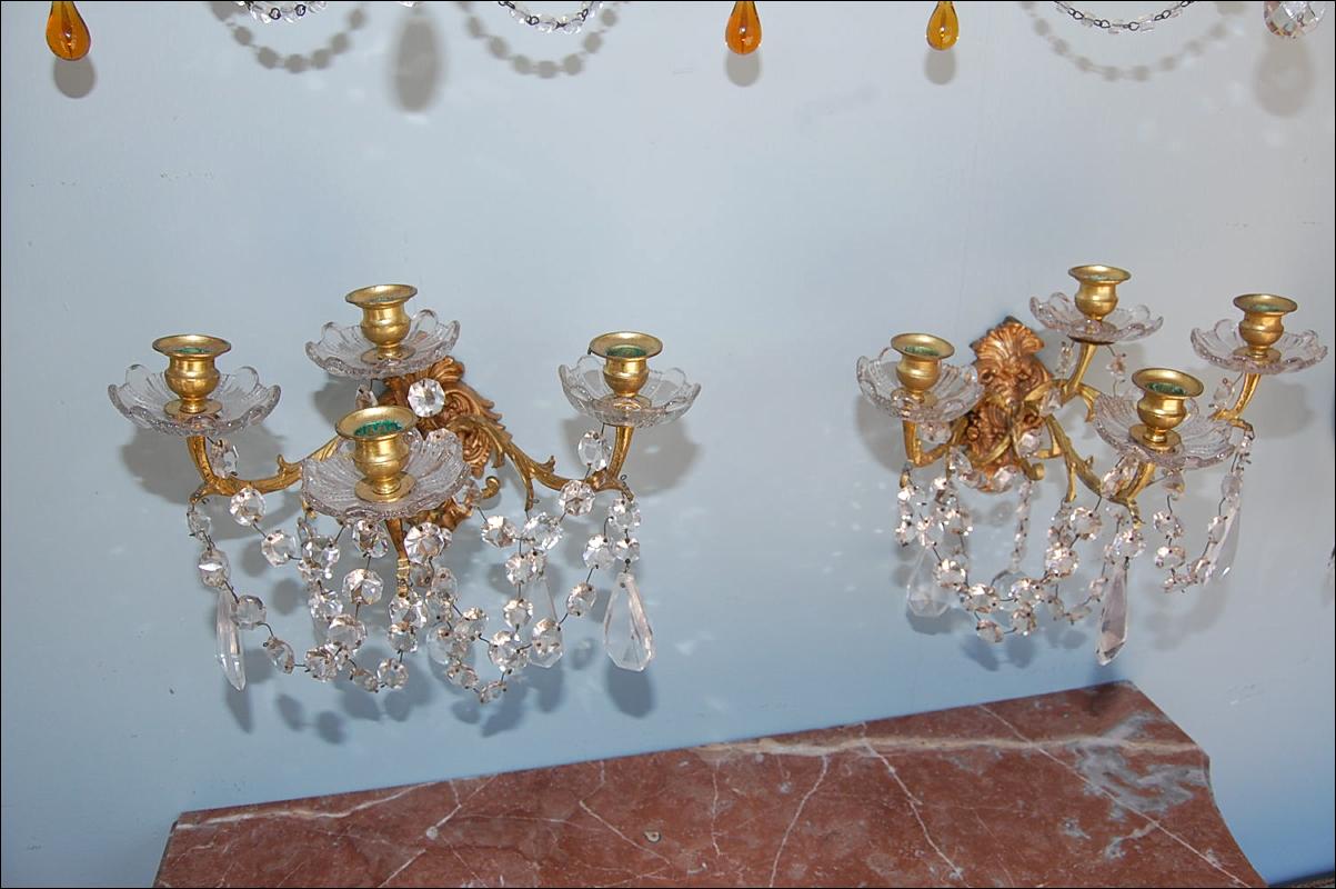 Petite Pair Bronze & Crystal Sconces
