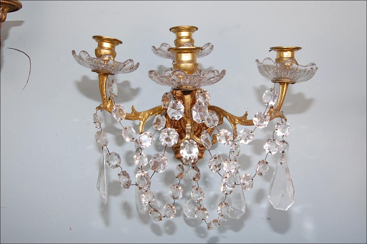 Petite Pair Bronze & Crystal Sconces