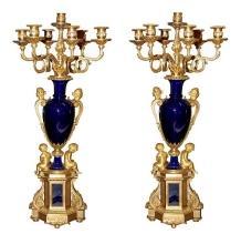 Magnificent Pair Dore Bronze & Cobalt Candelabra
