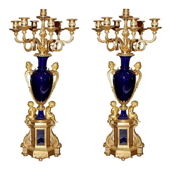 Magnificent Pair Dore Bronze & Cobalt Candelabra