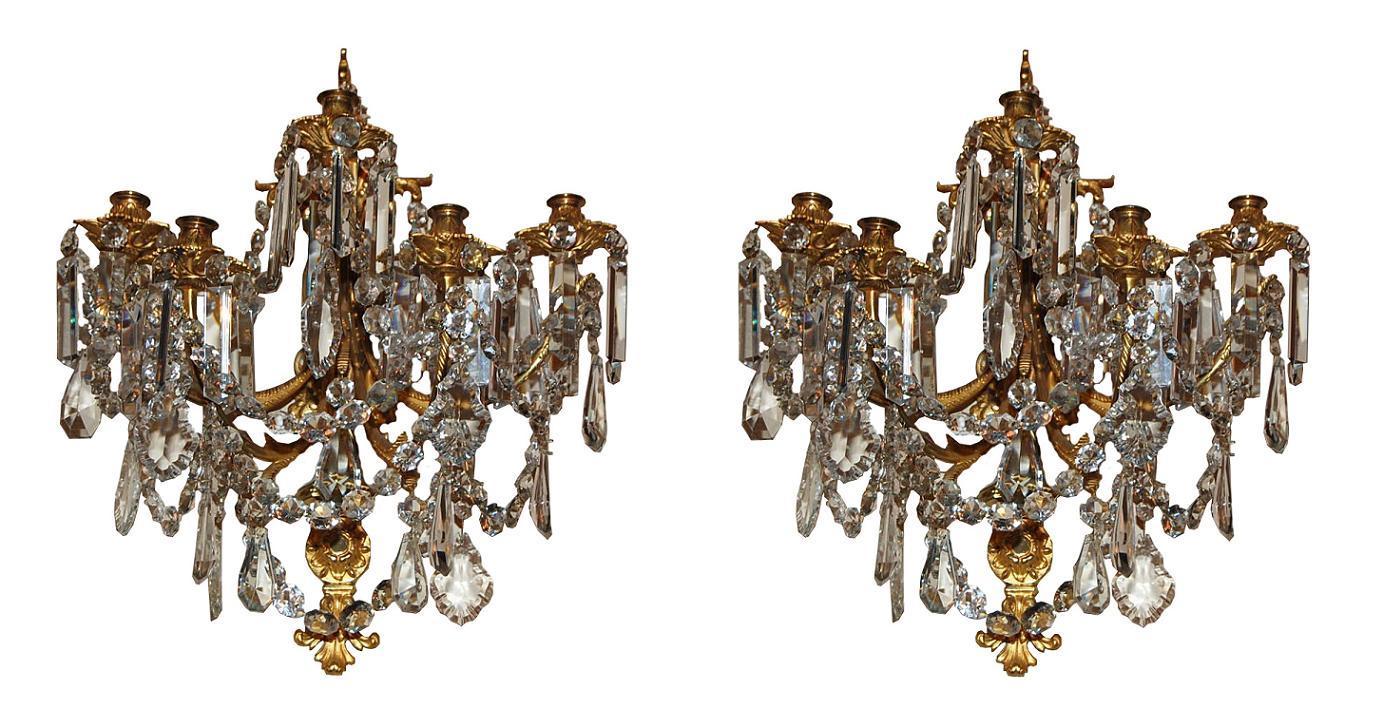 Pair Dore Bronze & Crystal Sconces
