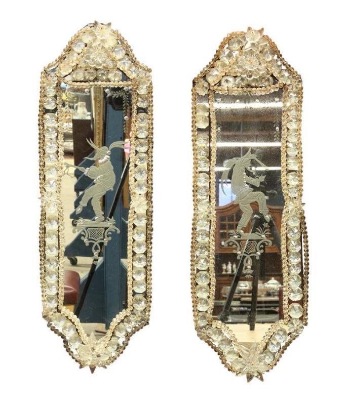 Pair Venetian Etched Mirrors