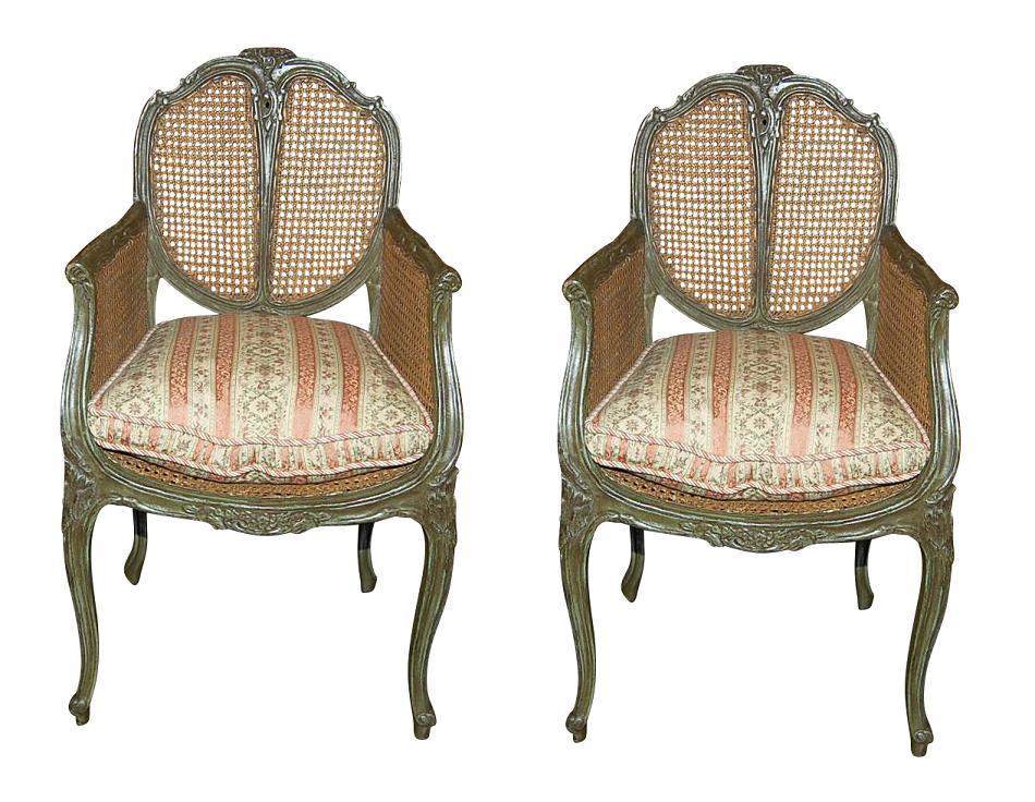 Pair French Caned & Painted Chairs