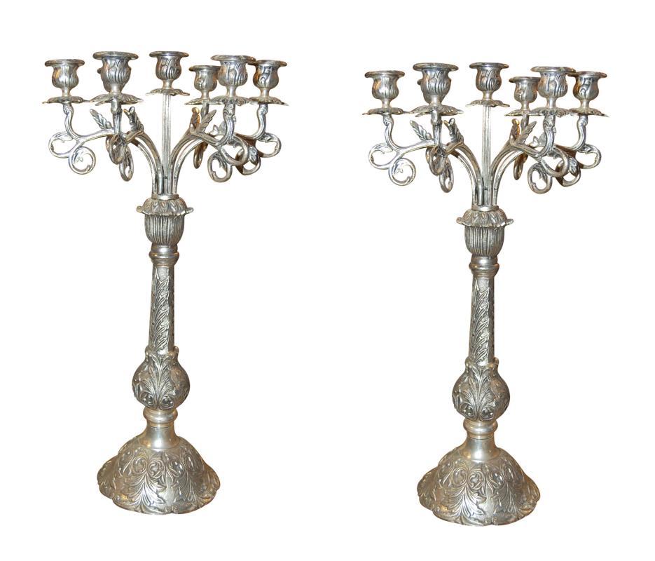 Pair Continental Silvered Iron Candelabra