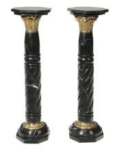 Pair French Black Marble & Bronze Pedestals