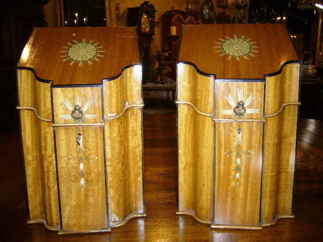 A Beautiful Pair of English Hand Painted Satinwood Knife Boxes