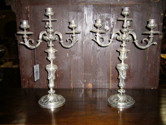 A Nice Pair of Bronze Silver-Plated Candelabras