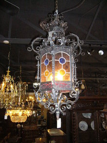 A Great French Lantern Featuring Leaded Glass Panels with three lights