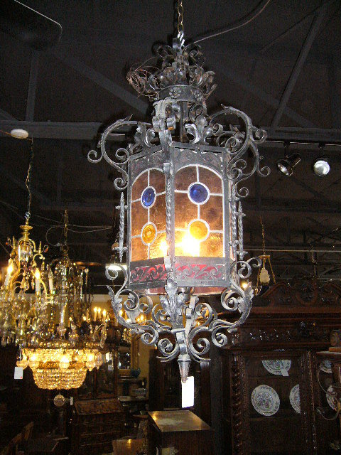 A Great French Lantern Featuring Leaded Glass Panels with three lights