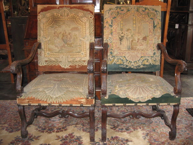 A Great Pair of 19th Century French Walnut Armchairs with Original Needlepoint