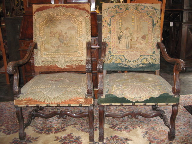 A Great Pair of 19th Century French Walnut Armchairs with Original Needlepoint