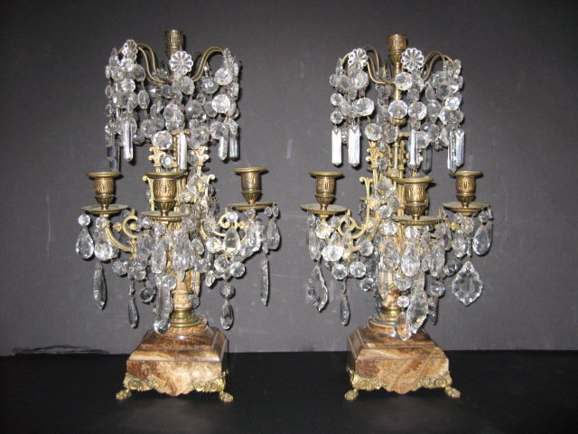 Pair of French marble, bronze and crystal