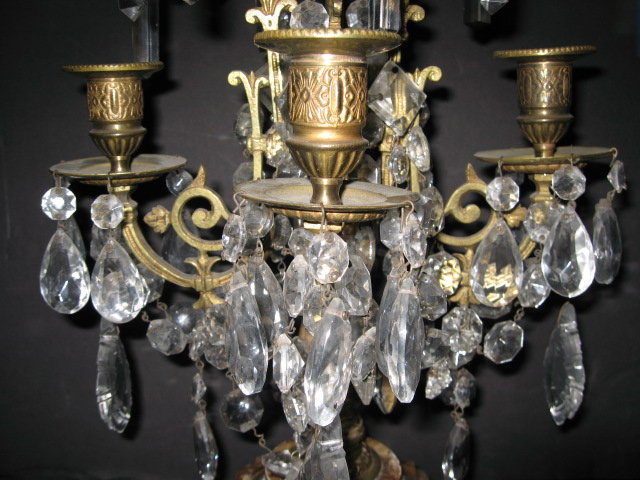 Pair of French marble, bronze and crystal