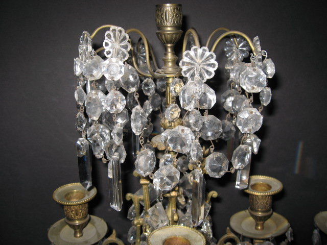 Pair of French marble, bronze and crystal