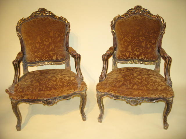 19th Century Pair French Carved Gilded Louis XV Armchairs