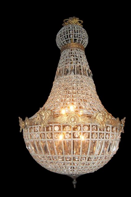 French Crystal & Bronze Basket Chandelier