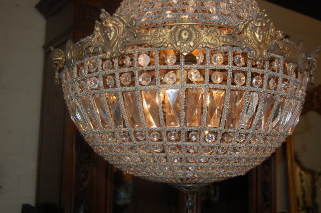 French Crystal & Bronze Basket Chandelier