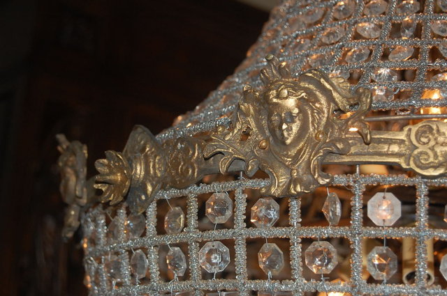 French Crystal & Bronze Basket Chandelier