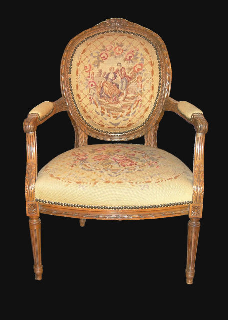 French Carved Needlepoint Fauteuil