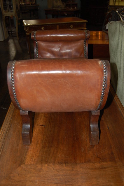 English Leather & Walnut Foot Stool