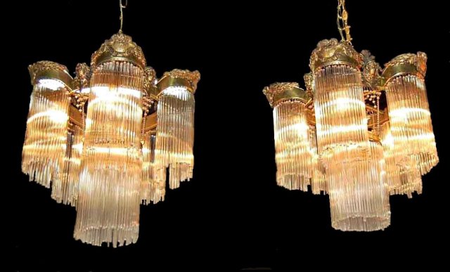 Unusual Pair of American Victorian Brass & Crystal Chandeliers
