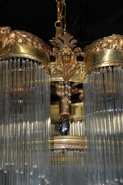 Unusual Pair of American Victorian Brass & Crystal Chandeliers