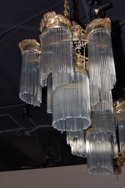 Unusual Pair of American Victorian Brass & Crystal Chandeliers