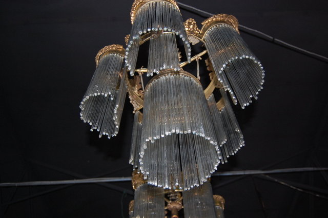 Unusual Pair of American Victorian Brass & Crystal Chandeliers