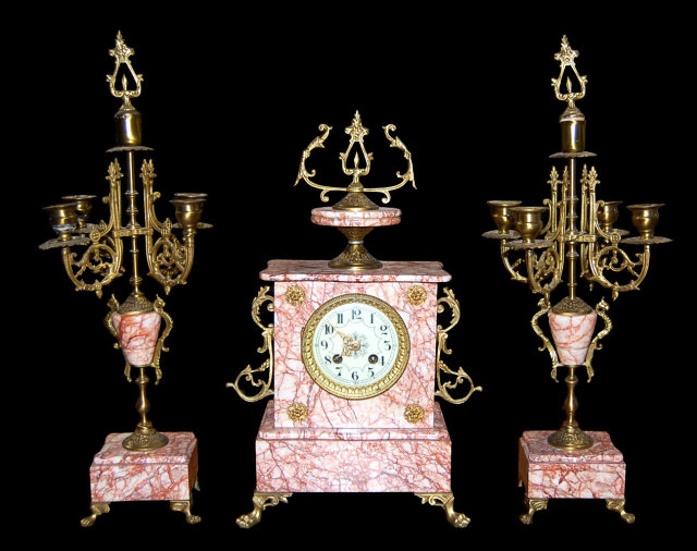 French Marble & Bronze 3 Piece Clock Set