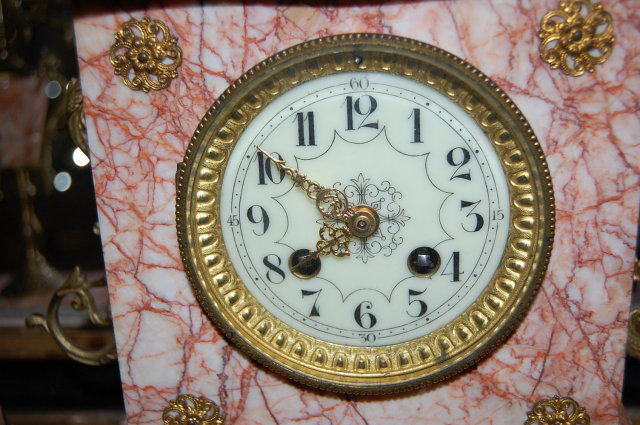 French Marble & Bronze 3 Piece Clock Set