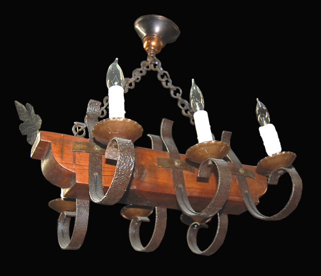 French Iron & Wood Chandelier