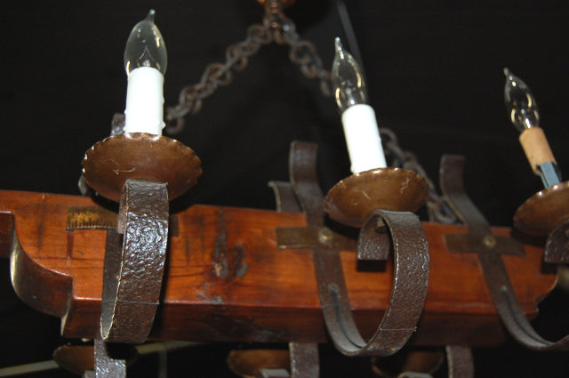 French Iron & Wood Chandelier