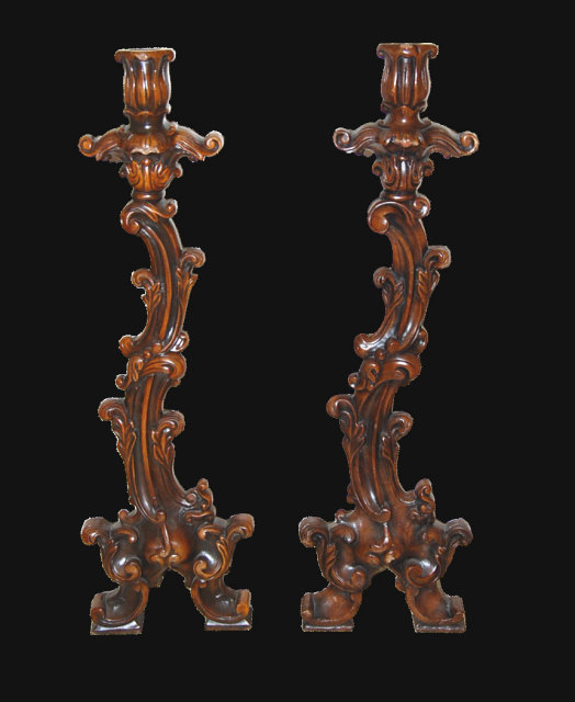 Pair of Carved Italian Walnut Candlesticks