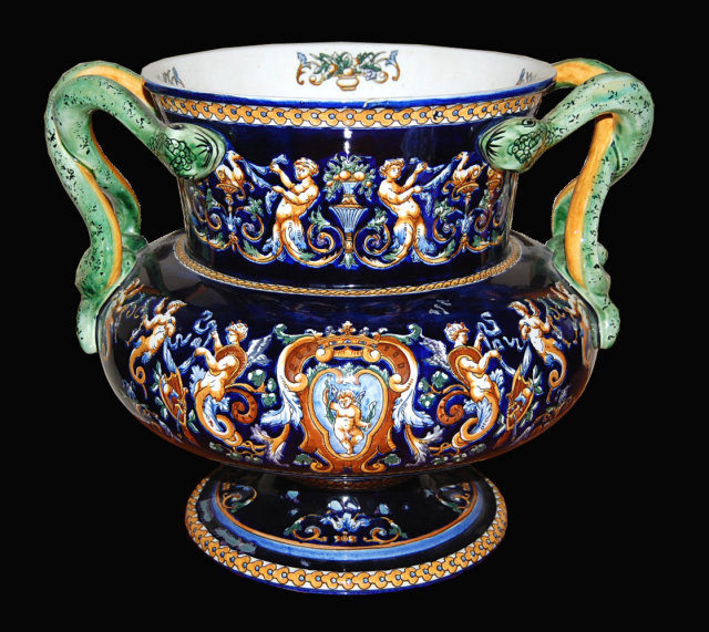 French Faience Cobalt Double Handled Vase