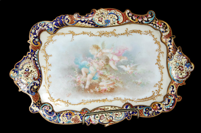 French Sevres Porcelain & Champleve` Tray