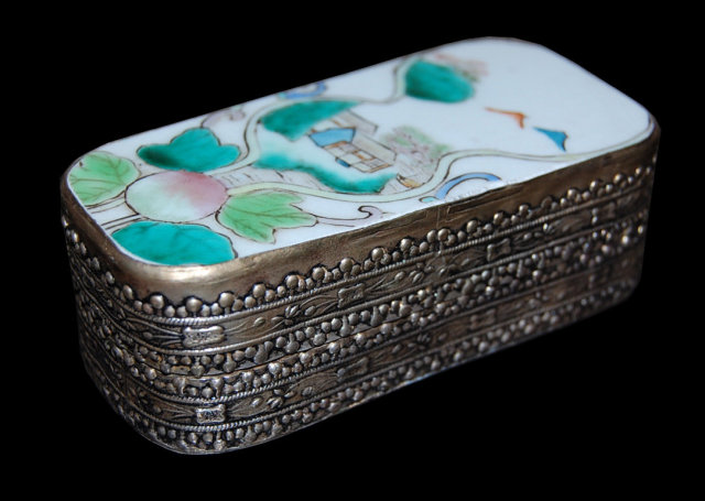 Oriental Silver & Porcelain Pill Box