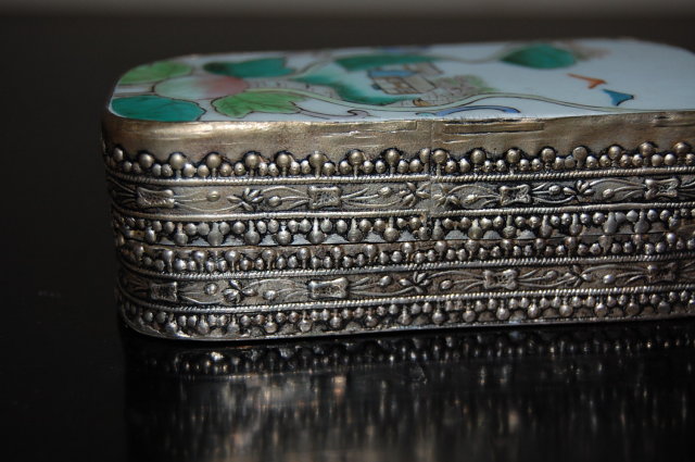 Oriental Silver & Porcelain Pill Box