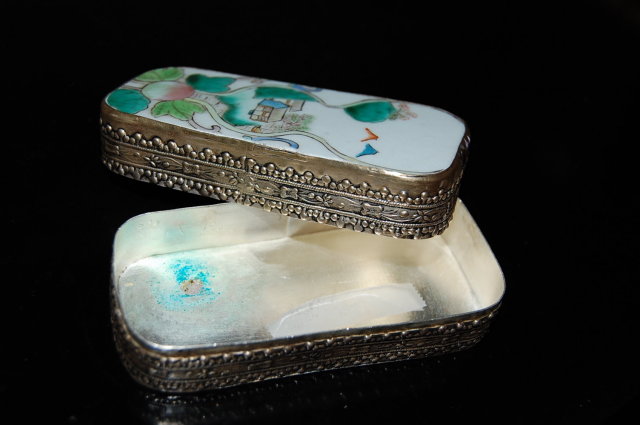 Oriental Silver & Porcelain Pill Box