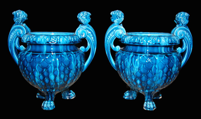 Pair of French Blue Majolica Urns