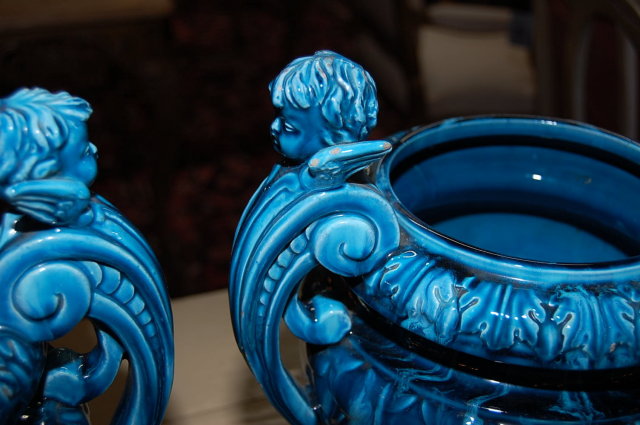 Pair of French Blue Majolica Urns