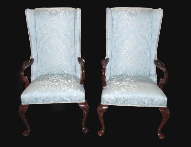 Pair of Queen Anne Silk Brocade Armchairs