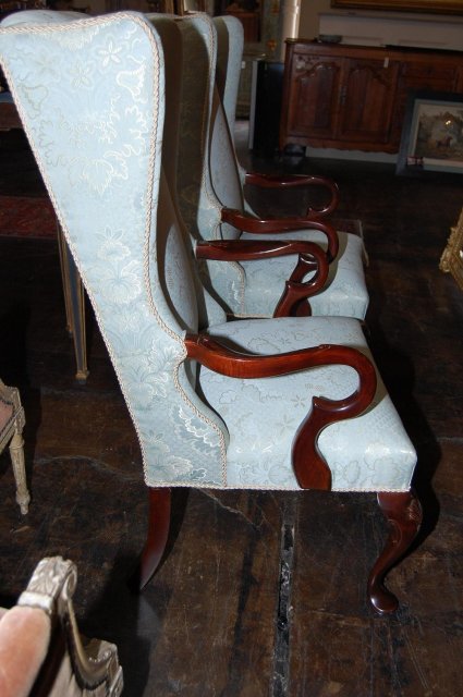 Pair of Queen Anne Silk Brocade Armchairs