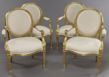 Set of 4 Louis XVI Style Giltwood Arm Chairs