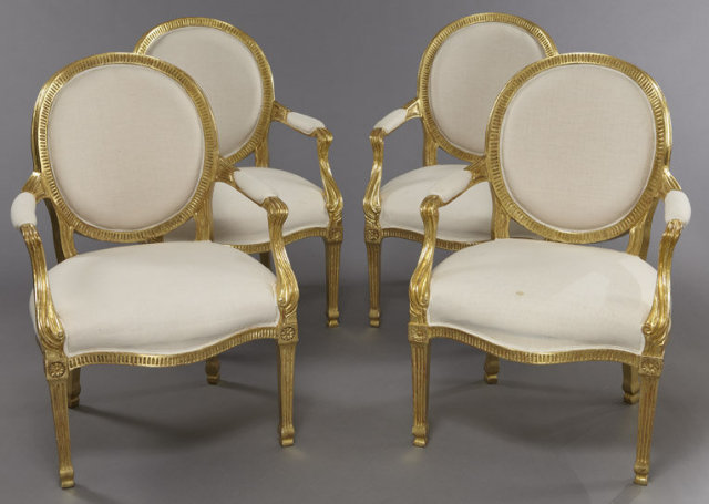 Set of 4 Louis XVI Style Giltwood Arm Chairs