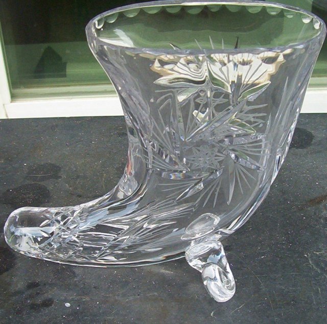 Hand Etched Crystal Cornucopia Vase