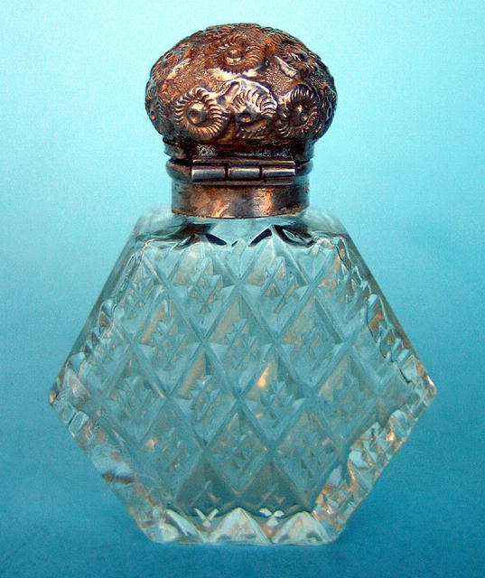 VERY UNUSUAL CUT GLASS & REPOUSSE STERLING SCENT BOTTLE