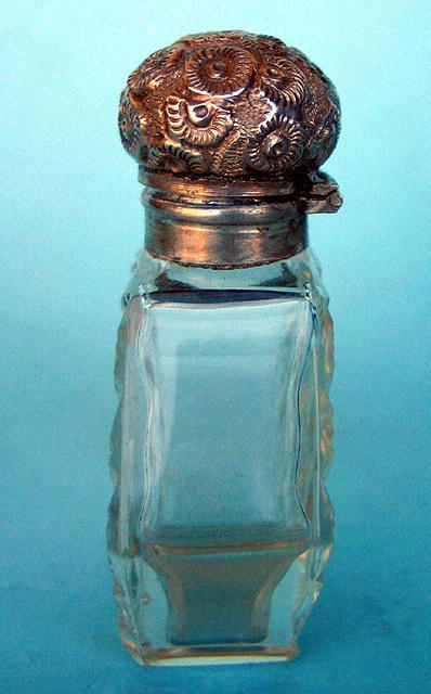 VERY UNUSUAL CUT GLASS & REPOUSSE STERLING SCENT BOTTLE